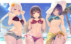  bikini brat cleavage higuchi_kaede nijisanji possible_duplicate shizuka_rin swimsuits tsukino_mito 