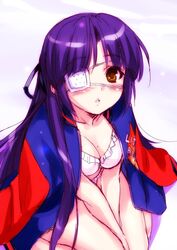  bikini bikini_under_clothes blush breasts brown_eyes cleavage commentary_request eyepatch female jacket jacket_on_shoulders koshiki_miyuki letterman_jacket little_busters! long_hair medium_breasts open_clothes open_jacket parted_lips purple_hair solo swimsuit zen_(kamuro) 