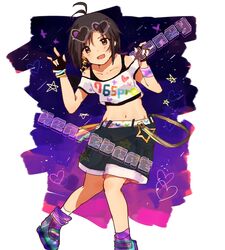  :d alternate_costume antenna_hair bad_id bad_twitter_id bare_shoulders belt black_eyes black_hair blush bracelet collarbone earrings english_text eyewear_on_head female fingerless_gloves gloves highres idolmaster idolmaster_(classic) idolmaster_2 jewelry kikuchi_makoto looking_at_viewer midriff navel nishina_ryo open_mouth short_hair shorts smile solo stick street_hopper_(idolmaster) sunglasses wristband 