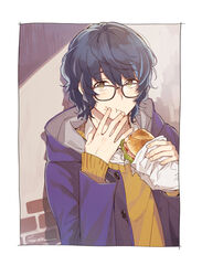  1boy :t aoba_tsumugi artist_name black-framed_eyewear blue_hair booota brown_eyes closed_mouth coat commentary_request eating ensemble_stars! food food_on_face glasses hands_up holding holding_food looking_at_viewer male_focus open_clothes open_coat sandwich short_hair signature solo sweater upper_body wavy_hair 