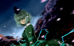  breasts cloud commentary_request dress dutch_angle female ginji_(sakaki_summer) glowing glowing_eyes green_dress green_eyes green_hair hat lightning long_sleeves looking_at_viewer medium_breasts parted_lips petals short_hair sky soga_no_tojiko solo tate_eboshi touhou upper_body 