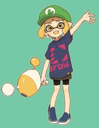  :d bad_id bad_twitter_id bike_shorts black_shorts blue_footwear blue_shirt blunt_bangs clothes_writing colored_tongue cosplay emblem fangs female full_body gomi_(kaiwaresan44) green_background green_hat grey_skirt hat holding holding_weapon inkling_(language) inkling_girl inkling_player_character looking_at_viewer luigi luigi_(cosplay) luna_blaster_(splatoon) mario_(series) miniskirt open_mouth orange_eyes orange_hair orange_tongue pointy_ears shirt shoes short_hair short_sleeves shorts shorts_under_skirt simple_background skirt smile solo splatoon_(series) splatoon_2 standing t-shirt tentacle_hair waving weapon 