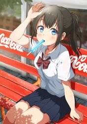  arm_up bench black_hair black_skirt blue_eyes blush bow breasts coca-cola collarbone commentary_request female food highres kei_(0497) looking_at_viewer medium_breasts original ponytail popsicle red_bow short_hair short_ponytail short_sleeves sitting skirt solo uniform 