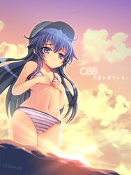  akatsuki_(kancolle) bikini black_hair blue_eyes cloud comiket_88 commentary_request dutch_angle female from_below hat kantai_collection kumao_mofumofu long_hair navel outdoors sky standing striped_bikini striped_clothes sunlight sunset swimsuit twilight twitter_username wading water 