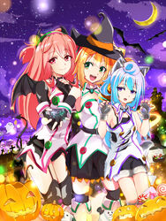  1boy 2girls :d absurdres animal_ears bat_(animal) black_gloves black_hat blonde_hair blue_eyes blue_hair blush breasts candy candy_cane cat_ears claw_pose cleavage closed_mouth commentary_request cross elbow_gloves fake_animal_ears fake_horns fingerless_gloves food ghost gloves green_eyes hacka_doll hacka_doll_1 hacka_doll_2 hacka_doll_3 hairband halloween hat highres horns index_finger_raised jack-o&#039;-lantern large_breasts lollipop looking_at_another looking_at_viewer multiple_girls open_mouth otoko_no_ko parted_lips pink_eyes pink_hair sandwiched short_hair smile suzuki-shi swirl_lollipop teeth witch_hat 