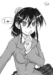  aizawa_nagisa_(jitsu_wa) breasts commentary_request dated female finger_to_mouth gamonkoubou greyscale jitsu_wa_watashi_wa long_hair looking_at_viewer medium_breasts monochrome photoshop_(medium) school_uniform shushing simple_background smile solo white_background 