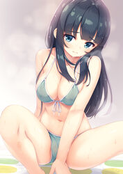  bikini black_hair blue_eyes blunt_bangs blush breasts cleavage commentary_request eromanga_sensei female front-tie_bikini_top front-tie_top green_bikini halterneck highres indoors long_hair looking_at_viewer md5_mismatch medium_breasts navel photoshop_(medium) sitting solo swimsuit takasago_tomoe tomifumi twister wet 