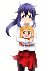  2girls :d bad_id bad_pixiv_id black_legwear blonde_hair brown_eyes carrying chibi doma_umaru hamster_costume himouto!_umaru-chan hood hug hug_from_behind komaru_(himouto!_umaru-chan) long_hair looking_at_viewer motoba_kirie multiple_girls open_mouth pantyhose ponytail purple_eyes purple_hair simple_background skirt sleepy90 smile wavy_mouth white_background 