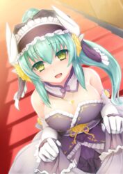  :d bare_shoulders blush commentary_request detached_collar dragon_girl dragon_horns dress dutch_angle elbow_gloves fate/grand_order fate_(series) female flower frills gloves green_hair hair_flower hair_ornament haribote_(desk_of_coulomb) horns jewelry kiyohime_(fate) kiyohime_(formal_dress)_(fate) long_hair looking_at_viewer necklace nose_blush obi open_mouth purple_dress rose sash smile solo stairs strapless strapless_dress white_gloves yellow_eyes yellow_flower yellow_rose 