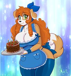  2016 absurd_res anthro apron big_breasts blush breasts brown_body brown_fur cake candle canid canine canis cleavage clothed clothing curvy_figure dessert domestic_dog female food fur green_eyes hair hi_res holding_object huge_breasts kibbles_(uberquest) leggings legwear long_hair looking_at_viewer mammal multicolored_body multicolored_fur orange_hair phuufy slightly_chubby smile solo thick_thighs thigh_highs two_tone_body two_tone_fur uberquest voluptuous white_body white_fur wide_hips 