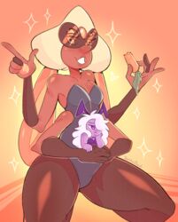  4_arms alien alien_humanoid amethyst_(gem_species) amethyst_(steven_universe) blush breasts bunny_costume carrot cartoon_network clothed clothing costume digital_media_(artwork) duo eyewear female food gem_(species) gem_fusion hair humanoid larger_female lingerie macro micro multi_arm multi_limb not_furry plant sardonyx_(steven_universe) size_difference smaller_female solo_focus steven_universe sunglasses teddy_(clothing) tentabat vegetable white_hair 