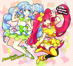  2girls aino_megumi alternate_form asymmetrical_footwear asymmetrical_legwear bad_id bad_pixiv_id blue_eyes blue_hair bow brooch cure_lovely cure_lovely_(lollipop_hip_hop) cure_princess cure_princess_(macadamia_hula_dance) earrings flower full_body green_skirt hair_flower hair_ornament hairbow happinesscharge_precure! heart heart_brooch hloox jewelry long_hair magical_girl mismatched_footwear multiple_girls pink_eyes pink_hair pink_wrist_cuffs precure shirayuki_hime shoes skirt smile star_(symbol) star_earrings thighhighs twintails uneven_legwear wrist_cuffs yellow_skirt yellow_wrist_cuffs 