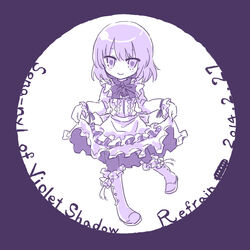  :&gt; boots bow commentary_request copyright_name curtsey dated female frills full_body knee_boots lily_(shiei_no_sona-nyl) monochrome no_nose oyassan pantyhose purple_theme shiei_no_sona-nyl short_hair skirt_hold solo steampunk_(liarsoft) 