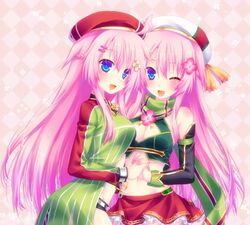  2girls ;d ahoge argyle_background arm_warmers bad_id bad_pixiv_id beret black_arm_warmers blue_eyes blush braid clone dogwood_(flower) dual_persona flower flower_knight_girl hair_flower hair_ornament hairclip hanamizuki_(flower_knight_girl) hat holding_hands interlocked_fingers long_hair midriff mikoto_(mikoto_r_a) multiple_girls name_connection navel object_namesake one_eye_closed open_mouth pink_background pink_flower pink_hair red_hat red_skirt scarf skirt smile white_hat 