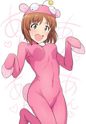  anglerfish_costume anglerfish_dance blush bodysuit bouncing_breasts breasts brown_eyes brown_hair commentary_request female girls_und_panzer heart highres nishizumi_miho pink_bodysuit small_breasts solo standing tsurui white_background 