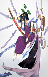  barefoot black_hair cape commentary_request female hakama hakama_skirt highres japanese_clothes katana long_hair magatama multiple_swords nuda ponytail purple_eyes purple_hakama puzzle_&amp;_dragons scabbard sheath skirt sword weapon yomi_(p&amp;d) 