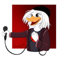  90s_clothing alternative_rock anatid anseriform anthro avian beanie bird clothing daisy_duck disney duck ducktales ducktales_(2017) electronics emotional female grunge_(genre) hair hat headgear headwear hi_res jacket long_hair lunula_(artist) microphone musician open_mouth shirt singer singing solo t-shirt topwear 