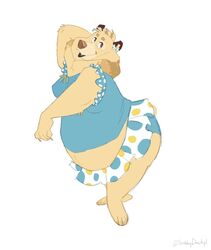  anthro bear belly blue_clothing bottomwear clothing ear_bow female hi_res humanoid mammal midriff nilla_(urbansaint) panties polka_dots pose posing_for_picture shirt skirt slightly_chubby slightly_chubby_female snobbydactyl solo tank_top topwear underwear 