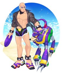  1boy abs absurdres bald beach black_shirt black_shorts blue_eyes bracelet canine drawloverlala facial_mark frisbee highres jewelry male_focus male_swimwear mega_man_(series) mega_man_x_(series) non-humanoid_robot ocean robot robot_animal robot_dog sand see-through see-through_shirt shirt shorts sigma_(mega_man) spiked_bracelet spikes swim_trunks velguarder_(mega_man) 