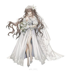  absurdres bouquet breasts bridal_veil brown_hair chinese_commentary cleavage closed_mouth collarbone commentary_request dress female flower full_body girls&#039;_frontline grey_footwear hair_between_eyes hair_flower hair_ornament high_heels highres holding holding_bouquet long_hair looking_at_viewer medium_breasts mole mole_under_eye off-shoulder_dress off_shoulder official_alternate_costume official_art red_eyes simple_background solo sp9_(drifting_snow)_(girls&#039;_frontline) sp9_(girls&#039;_frontline) standing strapless strapless_dress veil very_long_hair wedding_dress weibo_watermark white_background white_dress white_flower youamo 