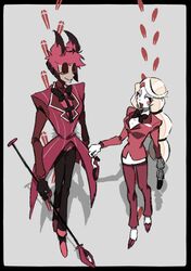  1boy alastor_(hazbin_hotel) animal_ears animification black_pants blonde_hair bow bowtie charlie_morningstar circle_facial_mark coat colored_sclera deer_boy deer_ears demon demon_boy demon_girl female hazbin_hotel highres long_hair looking_at_another ohina_4458 pants red_eyes red_hair red_sclera red_suit short_hair signal_bar solid_eye striped_clothes striped_coat striped_vest suit tuxedo vertical-striped_clothes vertical-striped_vest vest 