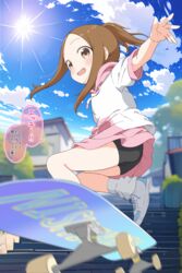  absurdres aki_(yunkana) bike_shorts black_shorts blue_sky blurry blurry_background blush brown_eyes brown_hair cloud commentary_request cross-laced_footwear day depth_of_field female forehead highres hood hoodie house karakai_jouzu_no_takagi-san long_hoodie looking_at_viewer medium_hair midair open_mouth outdoors outstretched_arm paid_reward_available ponytail shoes short_shorts shorts skateboard skateboarding sky smile sneakers socks solo speech_bubble sun takagi-san tareme translation_request white_socks 