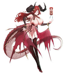  absurdres asterisk_(symbol) black_horns black_thighhighs breasts cho_gum cleavage demon_horns detached_sleeves dragon_girl dragon_horns dragon_tail earrings female fingernails forehead_jewel full_body garter_straps hair_ornament high_heels highleg highleg_panties highres horns jewelry large_breasts long_fingernails long_hair looking_at_viewer low_wings mole mole_on_breast navel original panties pointy_ears red_eyes red_footwear red_hair red_panties red_wings sharp_fingernails simple_background skindentation solo symbol-shaped_pupils tail talisman tassel thighhighs underwear white_background wings 