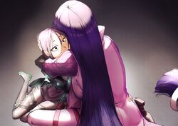  2girls black_bodysuit black_eyes black_gloves bodysuit breasts crying dual_persona elbow_gloves fate/grand_order fate/samurai_remnant fate_(series) gloves grey_bodysuit highres hiyayaako hug large_breasts long_hair medium_breasts minamoto_no_raikou_(fate) multiple_girls neon_trim parted_bangs pelvic_curtain purple_bodysuit purple_hair ribbed_sleeves short_hair tabard tassel tears two-tone_bodysuit ushi_gozen_(avenger)_(fate) ushi_gozen_(fate) very_long_hair 