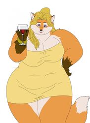  2018 alcohol anthro bedroom_eyes belly beverage big_breasts blonde_hair bracelet breasts canid canine clothing container cup digital_media_(artwork) dress drinking_glass eyeshadow female flat_colors fox fur glass glass_container glass_cup gold_(metal) gold_bracelet gold_dress gold_jewelry hair hi_res huge_breasts jewelry makeup mammal michelle_(xxsparcoxx) multicolored_body multicolored_fur narrowed_eyes obese orange_body orange_fur overweight overweight_anthro overweight_female seductive simple_background solo thick_thighs two_tone_body two_tone_fur white_background wide_hips wine wine_glass xxsparcoxx 