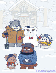  2024 anthro bear brew_(kumalino) brown_body closed_eyes clothing cute_fangs detailed_background drip_(kumalino) grey_body group hat headgear headwear hi_res kemono kumalino male mammal outside plant roast_(kumalino) sanrio sayolino scarf shovel snow snowman sweater syrup_(kumalino) tools topwear tree 