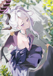  absurdres back black_horns blue_archive blush closed_mouth demon_horns demon_wings dress elbow_gloves female gloves halo highres hina_(blue_archive) hina_(dress)_(blue_archive) horns long_hair multiple_horns official_alternate_costume peropicnic purple_dress purple_eyes purple_gloves purple_wings solo strapless strapless_dress white_hair wings 