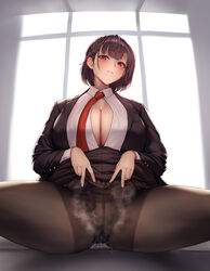  absurdres black_hair black_pantyhose black_skirt blush bra breasts brown_hair cleavage clothes_lift clothes_pull collared_shirt crotch dress_shirt egg_vibrator female gusset highres indoors jacket jinmeii large_breasts lifting_own_clothes long_sleeves looking_at_viewer necktie no_bra open_clothes open_shirt original panties pantyhose parted_lips pleated_skirt purple_eyes pussy_juice pussy_juice_drip_through_clothes pussy_juice_puddle red_necktie remote_control_vibrator school_uniform sex_toy shirt short_hair sitting skirt skirt_lift skirt_pull smell smelly_pussy smile solo spread_legs thighs unbuttoned underwear uniform vibrator vibrator_under_clothes white_shirt window 