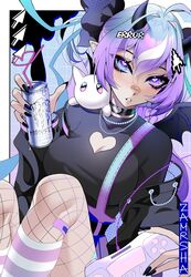  artist_name black_jacket black_nails black_shirt blue_eyes breasts can cleavage cleavage_cutout clothing_cutout commission controller cursor female fishnet_pantyhose fishnets heterochromia highres holding holding_can holding_controller horns indie_virtual_youtuber jacket long_sleeves looking_at_viewer medium_breasts minikyuu_(vtuber) monster_energy multicolored_hair off_shoulder pantyhose playstation_controller purple_eyes purple_hair purple_pantyhose shirt solo streaked_hair virtual_youtuber white_hair zamrsha 