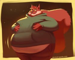  2024 anthro belly belly_jiggle big_belly buckteeth chubby_cheeks clothed clothing eyewear fattydragonite fur glasses hand_on_belly hi_res hoodie jiggling male mammal obese obese_anthro obese_male overweight overweight_anthro overweight_male rodent sciurid smile solo squirrel_tail standing teeth topwear tree_squirrel 