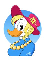  1800s 1800s_clothing 2024 anatid anseriform anthro avian big_breasts bird blonde_hair blue_clothing blue_dress breasts bust_portrait cel_shading clothing daisy_(flower) daisy_o&#039;fly digital_drawing_(artwork) digital_media_(artwork) disney dress duck ducktales female flower formal_clothing from_the_diaries_of_the_ancestors gem hair hat headgear headwear hi_res jewelry long_hair looking_at_viewer lunula_(artist) necklace pearl_(gem) pearl_necklace pink_clothing pink_hat pink_headwear plant portrait shaded side_view signature solo sun_hat sunflower 