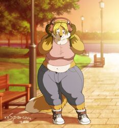  2018 anthro artist_name belly bench big_breasts blonde_hair bottomwear breasts canid canine clock clothing digital_media_(artwork) electronics female footwear fox fur hair headphones hi_res mammal michelle_(xxsparcoxx) multicolored_body multicolored_fur navel obese orange_body orange_fur overweight overweight_anthro overweight_female pants park river shirt shoes sleeveless sleeveless_shirt sneakers socks solo street_lamp topwear two_tone_body two_tone_fur walkway watch water wristwatch xxsparcoxx 