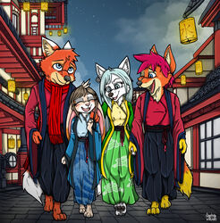  2023 anthro asian_clothing bad_guy_cafe blue_eyes blue_hair brown_body brown_fur brown_hair canid canine chinese_clothing clothing ear_piercing east_asian_clothing female fire_(firefox) fox fur group hair hi_res ice_ravdottir_(firefox) lagomorph lamp lantern leporid male mammal ocerydia_zoona orange_body orange_fur piercing pink_body pink_fur purple_hair rabbit scarf white_body white_fur yellow_body yellow_fur ziegelzeig ziegelzeig_zoona 