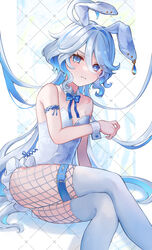  absurdres alternate_costume animal_ears arm_strap bare_shoulders belt blue_bow blue_bowtie blue_hair blush bow bowtie colored_inner_hair detached_collar drop-shaped_pupils fake_animal_ears female fishnet_pantyhose fishnets furina_(genshin_impact) genshin_impact grey_hair hand_up heterochromia highres leotard long_hair mismatched_pupils mugita_(mokankan) multicolored_hair pantyhose pillarboxed playboy_bunny rabbit_ears solo strapless strapless_leotard symbol-shaped_pupils tearing_up thigh_belt thigh_strap thighhighs wavy_mouth white_leotard white_thighhighs wrist_cuffs 