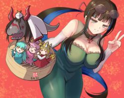  5girls absurdres bare_shoulders black_hair blue_hair breasts chibi cleavage cleavage_cutout clothing_cutout colored_inner_hair commentary_request detached_sleeves dinosaur dress elizabeth_bathory_(fate) eyeliner eyewear_on_head fate/grand_order fate_(series) green_dress grey_eyes grin highres kijo_kouyou_(fate) kijo_kouyou_(first_ascension)_(fate) kiyohime_(fate) kumonryuu_eliza_(fate) large_breasts long_hair looking_at_viewer makeup multicolored_hair multiple_girls nero_claudius_(fate) ponytail queen_draco_(fate) queen_draco_(first_ascension)_(fate) round_eyewear sidelocks smile sunglasses tenochtitlan_(fate) tetsu_no_samurai v 