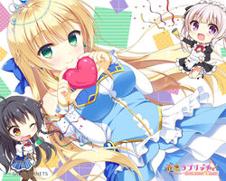  3girls :d absurdres ahoge apron bare_shoulders black_hair black_pantyhose black_ribbon blonde_hair blue_bow blue_dress blue_skirt blunt_bangs blush bow braid breasts brown_eyes cameltoe caminal_le_pultaia_sortilege_sisua chibi chibi_inset closed_mouth company_name confetti copyright_name detached_sleeves dress dutch_angle eyes_visible_through_hair floating_hair frilled_apron frilled_dress frilled_skirt frills green_eyes grey_hair hair_intakes hair_ribbon hairbow hands_up happy heart highres holding holding_heart holding_party_popper impossible_clothes incredibly_absurdres jougasaki_ayaka juliet_sleeves kin-iro_loveriche large_breasts long_hair long_sleeves looking_at_viewer maid maid_apron maid_headdress moribe_(rabumanyo) multiple_girls official_art one_eye_closed open_mouth outstretched_arm pantyhose party_popper picpicgram princess puffy_sleeves purple_eyes purple_ribbon red_bow ribbon school_uniform shirt simple_background single_braid skirt sleeveless sleeveless_dress sleeves_past_wrists smile solo_focus straight_hair sylvia_le_cruzcrown_sortilege_sisua thigh_gap tiara twintails very_long_hair white_apron white_background white_pantyhose white_shirt white_sleeves 