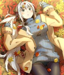  :o autumn_leaves black_pantyhose blue_shorts blush breasts coat commentary_request cowboy_shot female flower ganmodoki_(ganmo_illust) grey_hair grey_sweater hair_flower hair_intakes hair_ornament highres large_breasts leaf leaf_pile long_hair looking_at_viewer low_side_ponytail lying mahjong_soul maple_leaf on_back open_clothes open_coat open_mouth pantyhose ribbed_sweater short_shorts shorts sleeves_past_wrists solo sweater very_long_hair yagi_yui yellow_coat yellow_eyes 