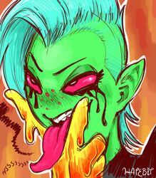  2017 alien alien_humanoid bust_portrait clothed clothing disney eyebrows female fingers freckles gesture green_body green_skin hair hatebit humanoid humanoid_pointy_ears lord_dominator noseless not_furry onomatopoeia pink_sclera portrait signature solo sound_effects suggestive suggestive_gesture teeth text tongue tongue_out wander_over_yonder white_hair 