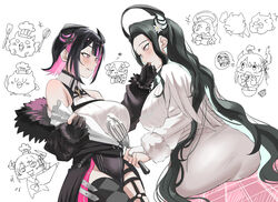  4girls aqua_hair aradia_ravencroft asymmetrical_horns black_hair blue_hair blush breasts cameo colored_inner_hair demon_horns doodles dress hololive hololive_english horns jailbird_(nerissa_ravencroft) jewelry large_breasts long_hair malpha_ravencroft mamarissa mole mole_under_eye multicolored_hair multiple_girls nerissa_ravencroft open_mouth pink_eyes pink_hair set7 shiori_novella short_hair siblings simple_background sisters smile two-tone_hair uneven_horns virtual_youtuber wavy_hair white_dress 