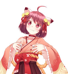  :3 ahoge animal_ears bell blush bow brown_hair brown_nails brown_skirt cat_ears cat_girl closed_mouth commentary_request cowboy_shot fang_out female fingernails flat_chest frilled_sleeves frills hair_bell hair_ornament hair_ribbon holding holding_mahjong_tile ichihime japanese_clothes jingle_bell mahjong_soul mahjong_tile medium_bangs obi oerba_yun_fang pink_shirt pleated_skirt red_eyes red_ribbon red_sash ribbon sash sexually_suggestive shirt short_hair simple_background skirt smile solo split_mouth tadayou_kemuri waist_bow white_background wide_sleeves 