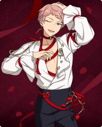  1boy arm_up b_o_w_(ensemble_stars!) chains choker cowboy_shot earrings ensemble_stars! fingernails floral_print frilled_sleeves frills game_cg hand_on_own_head hand_up happy_elements headset itsuki_shu jewelry long_sleeves looking_at_viewer male_focus official_art one_eye_closed open_mouth petals pink_hair purple_eyes red_choker red_petals red_ribbon ribbon shirt short_bangs short_hair smile solo third-party_source white_shirt 