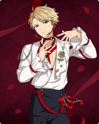  1boy b_o_w_(ensemble_stars!) blonde_hair chains choker closed_mouth cowboy_shot curtained_hair ensemble_stars! fingernails floral_print flower frilled_sleeves frills game_cg hands_up happy_elements headse long_sleeves looking_at_viewer male_focus narukami_arashi official_art petals purple_eyes red_choker red_petals red_ribbon ribbon rose shirt short_hair smile solo split_mouth third-party_source undercut very_short_hair white_shirt 