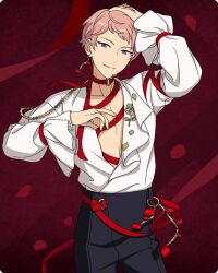  1boy arm_up b_o_w_(ensemble_stars!) chains choker clenched_teeth cowboy_shot earrings ensemble_stars! fingernails floral_print frilled_sleeves frills game_cg hand_on_own_head hand_up happy_elements headset itsuki_shu jewelry long_sleeves looking_at_viewer male_focus official_art petals pink_hair purple_eyes red_choker red_petals red_ribbon ribbon shirt short_bangs short_hair smile solo teeth third-party_source white_shirt 