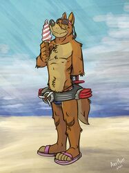  2021 5_toes anthro beach blue_clothing blue_sky blue_speedo blue_swimwear brown_body brown_fur canid canine canis clothed clothing cute_fangs dessert disney don_karnage eyewear feet food footwear fur goggles grey_background hand_behind_back hi_res ice_cream ice_cream_cone inflatable inner_tube k-9 looking_at_viewer male mammal multicolored_body multicolored_fur notched_ear outside pink_clothing pink_footwear pink_sandals plantigrade propeller sand sandals sea seaside signature simple_background sky smile solo speedo standing swimming_goggles swimwear talespin tan_body tan_fur toes topless two_tone_body two_tone_fur water wolf 