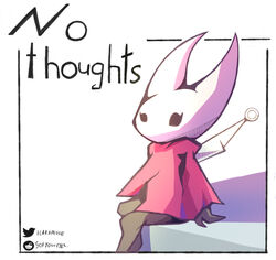  anthro arthropod black_eyes border clothed clothing female harapunoe hi_res hollow_knight hornet_(hollow_knight) insects meme nail_(weapon) neutral_expression no_thoughts_head_empty pink_clothing reddit reddit_logo simple_background sitting solo team_cherry text three-quarter_view twitter twitter_logo white_background white_border 