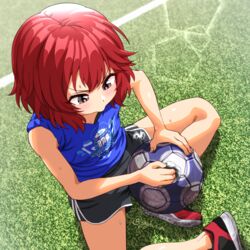  ball black_shorts blue_shirt brown_eyes dolphin_shorts female fingernails from_above gojarun idolmaster idolmaster_cinderella_girls idolmaster_cinderella_girls_starlight_stage murakami_tomoe red_hair shirt shoes short_hair shorts signature sitting sleeveless sneakers soccer_ball soccer_uniform solo sportswear sweat washing 